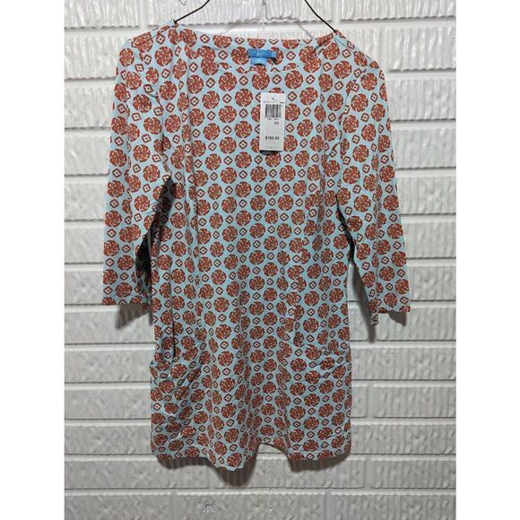 J McLaughlin Women's Light Blue Orange Pattern Front Pockets Tunic Top XS NWT - Picture 1 of 9